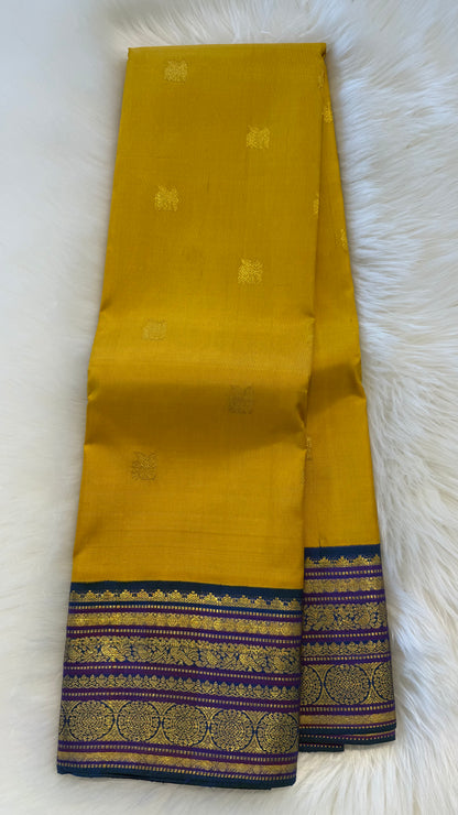 YELLOW WITH CONTRAST WITH PEACOCK BLUE BORDER PURE HANDLOOM KANCHIPURAM SILK SAREE (KSS492