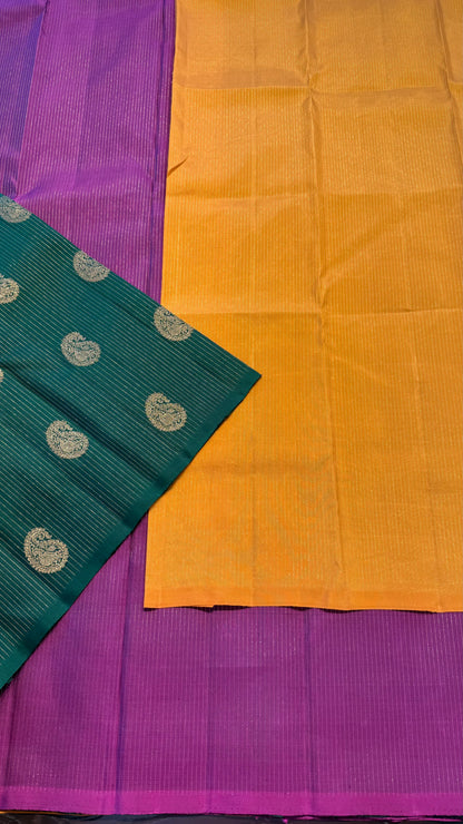 YELLOW, MAGENTA AND GREEN PARTLY KANCHIPURAM HANDLOOM SILK SAREE (KSS446)
