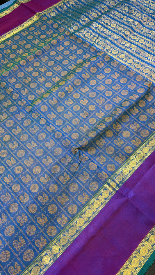 PEACOCK BLUE WITH PURPLE KATTAM HANDLOOM KANCHIPURAM SILK COTTON (KSC138)