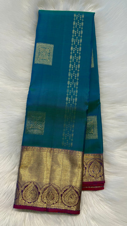 PEACOCK BLUE CONTRAST PURPLE GOLD ZARI HANDLOOM KANCHIPURAM SILK SAREE (KSS391)