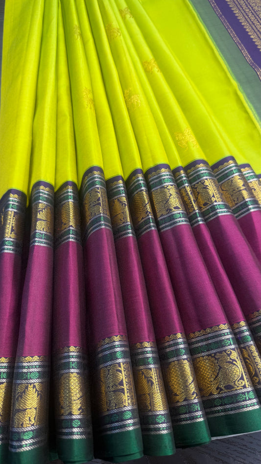 DUAL TONE PARROT GREEN WITH BOTTLE PURPLE CONTRAST HANDLOOM KANCHIPURAM SILK SAREE (KSS465)