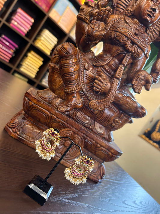 Gold Tone Kemp-Ruby-Green-Pearl Lotus Bali Earring