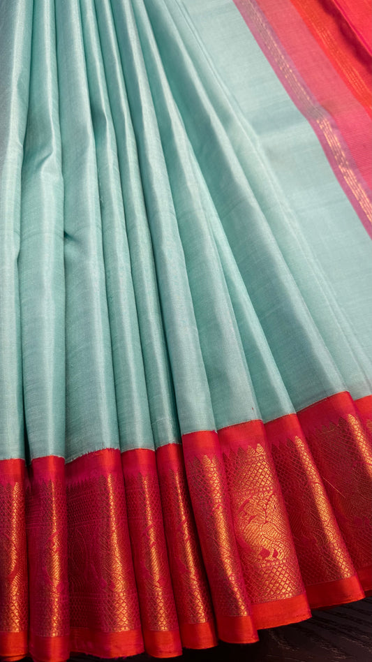MINT GREEN WITH CONTRAST KANAKAMBARAM ORANGE HANDLOOM KANCHIPURAM SILK SAREE (KSS453)