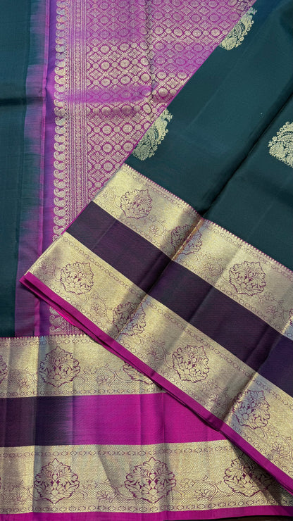 DARK GREEN WITH CONTRATS PURPLE GOLD ZARI HANDLOOM KANCHIPURAM SILK SAREE (KSS360)
