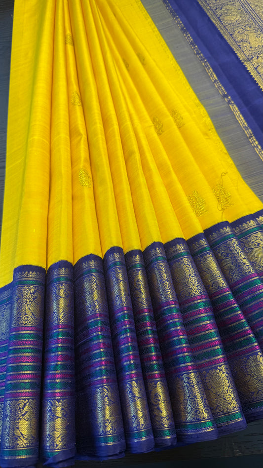 BRIGHT YELLOW WITH CONTRAST PINK GOLD ZARI HANDLOOM KANCHIPURAM SILK SAREE (KSS109)