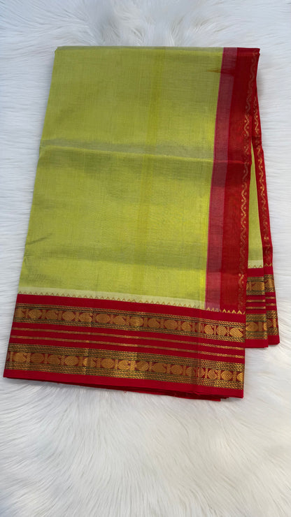 LIGHT LEMON YELLOW WITH CONTRAST RED KANCHIPURAM SILK COTTON (KSC20)