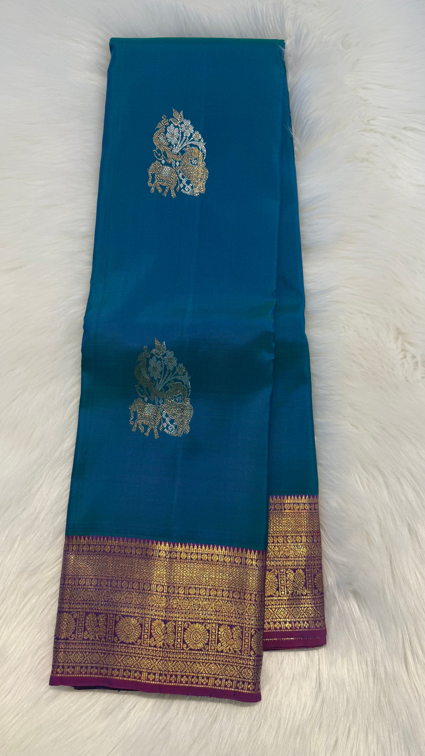 DUAL TONE PEACOCK BLUE WITH CONTRAST VADAMALLI PURPLE HANDLOOM PURE KANCHIPURAM SILK SAREE (KSS156)