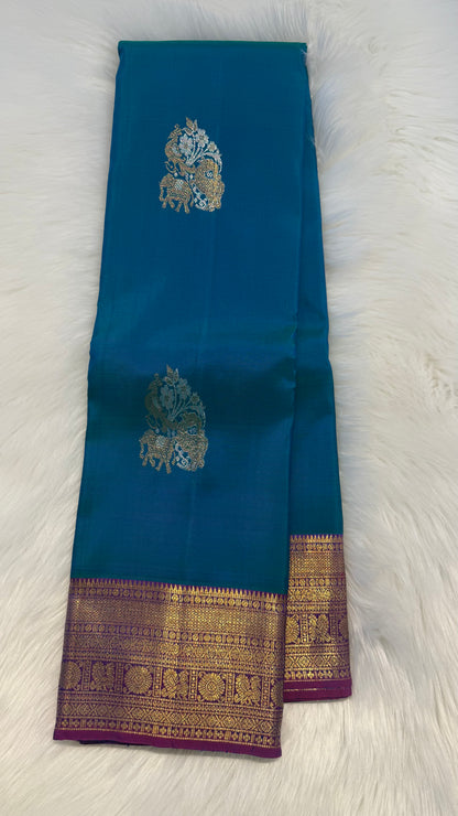 DUAL TONE PEACOCK BLUE WITH CONTRAST VADAMALLI PURPLE HANDLOOM PURE KANCHIPURAM SILK SAREE (KSS156)