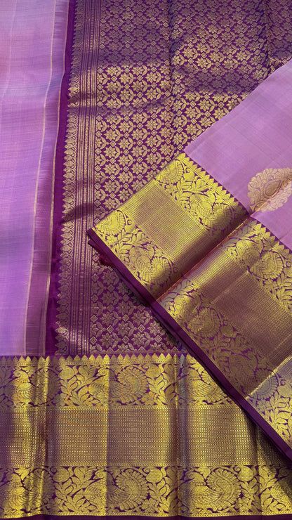 PASTEL LAVENDER WITH CONTRAST VADAMALLI PURPLE GOLD ZARI HANDLOOM KANCHIPURAM SILK SAREE (KSS380)
