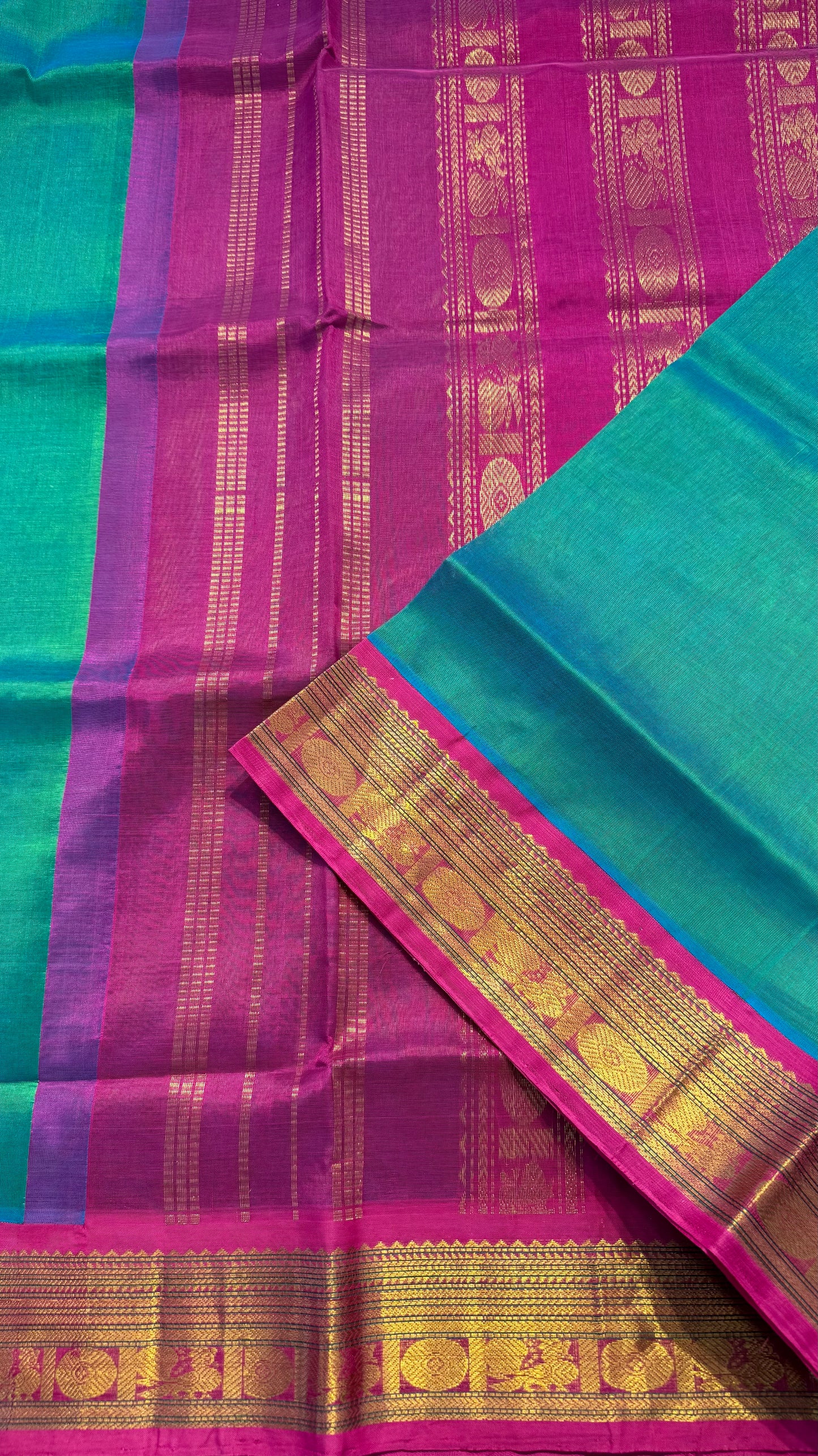 PEACOCK GREEN WITH CONTRAST HOT PINK KANCHIPURAM SILK COTTON (KSC17)