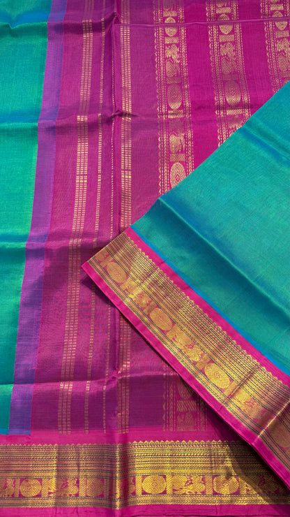 PEACOCK GREEN WITH CONTRAST HOT PINK KANCHIPURAM SILK COTTON (KSC17)