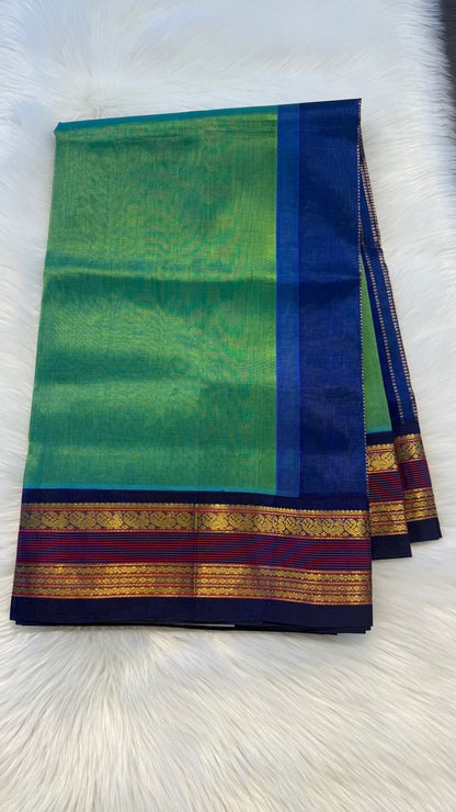 PEACOCK GREEN WITH BLUE HANDLOOM KANCHIPURAM SILK COTTON (KSC67)