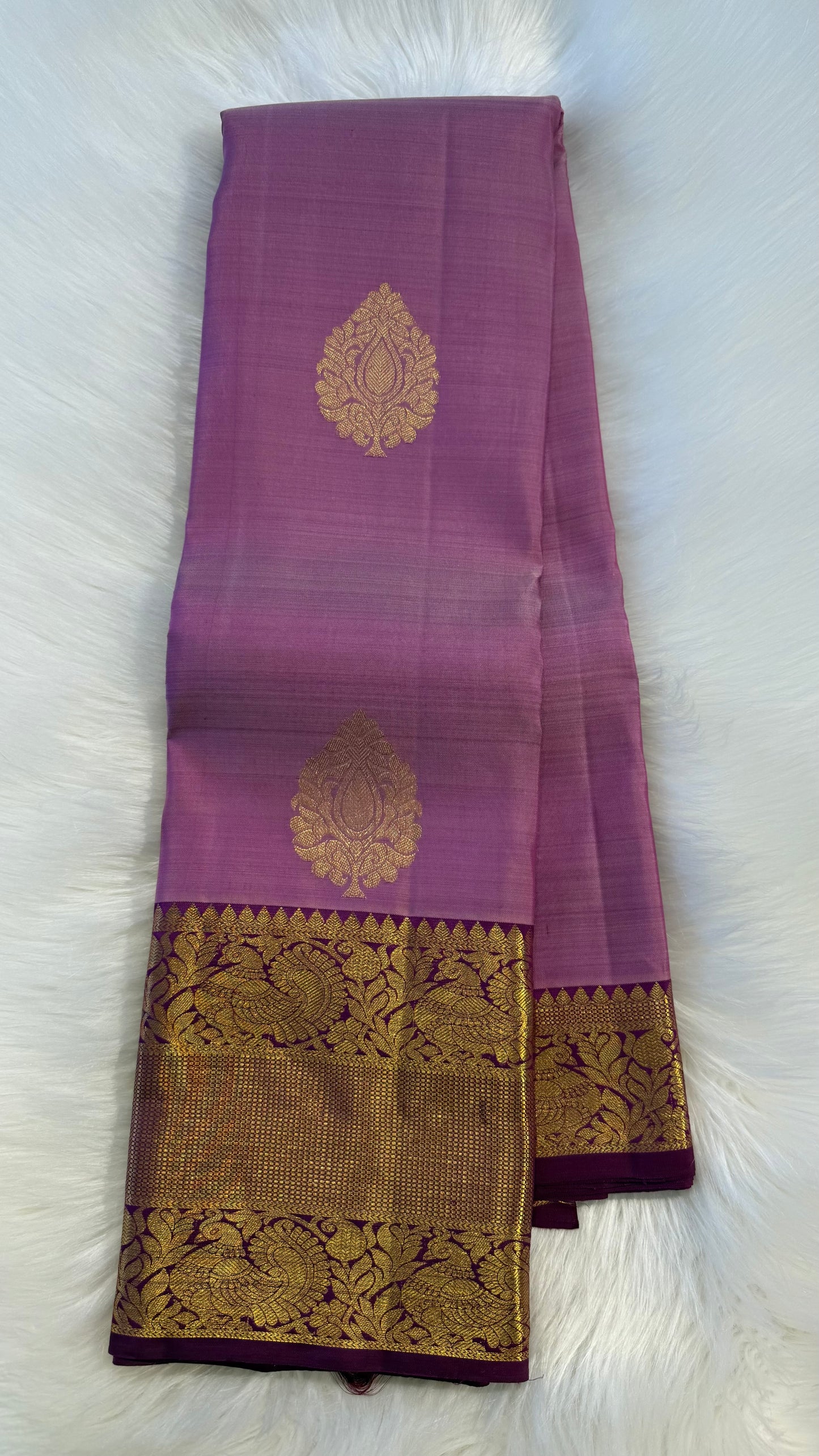 PASTEL LAVENDER WITH CONTRAST VADAMALLI PURPLE GOLD ZARI HANDLOOM KANCHIPURAM SILK SAREE (KSS380)