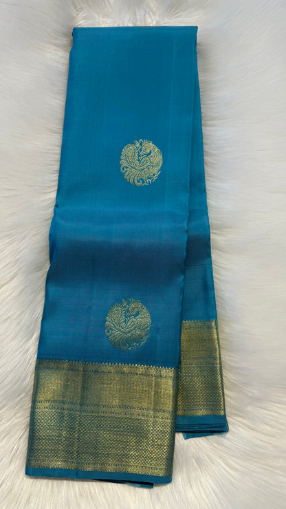 AQUA BLUE GOLD ZARI HANDLOOM KANICHIPURAM SILK SAREE (KSS408)