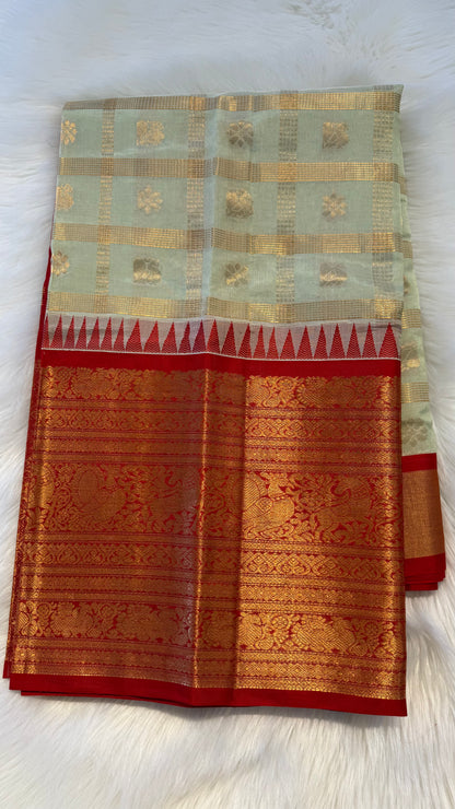 PASTEL MINT WITH CONTRAST RED MANGALAGIRI SILK COTTON (MSC05)
