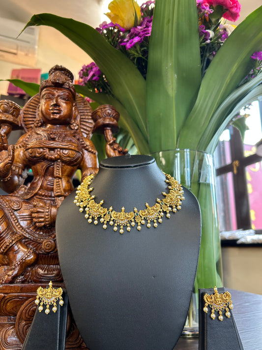 Antique Lakshmi Necklace Set with Pearls and Nagas Work