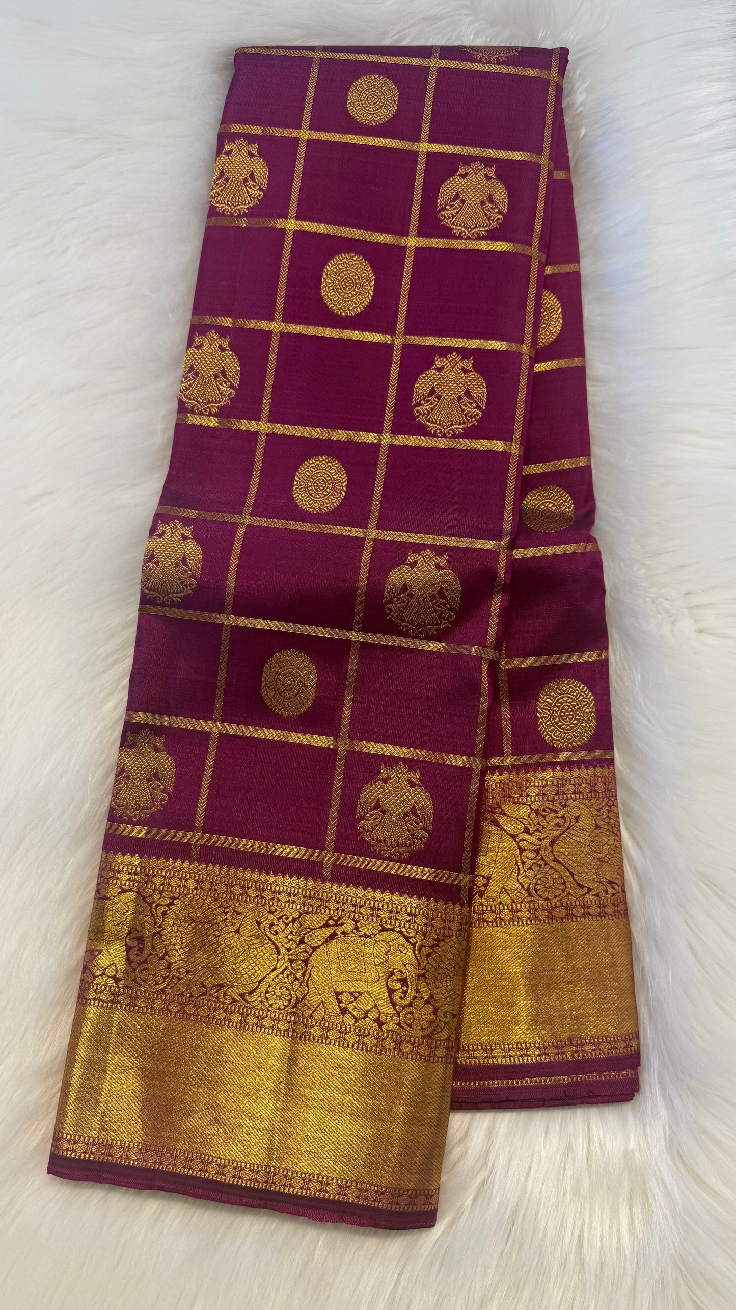 VADAMALLI PURPLE CHECKED GOLD ZARI HANDLOOM KANICHIPURAM SILK SAREE (KSS200)