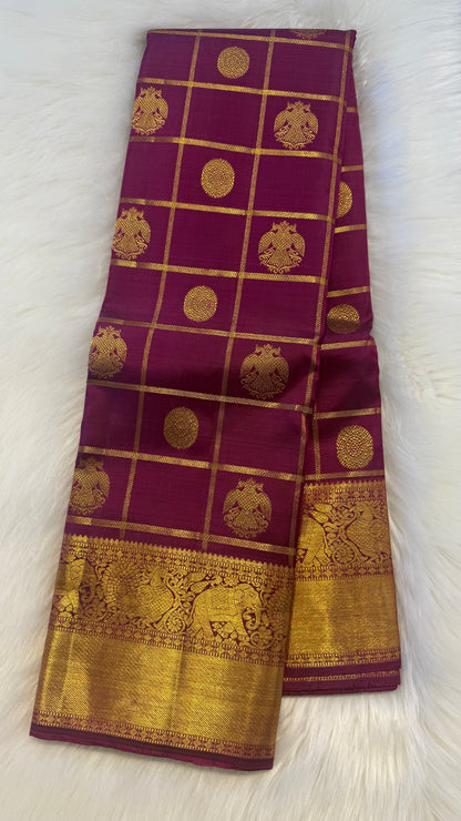 VADAMALLI PURPLE CHECKED GOLD ZARI HANDLOOM KANICHIPURAM SILK SAREE (KSS200)