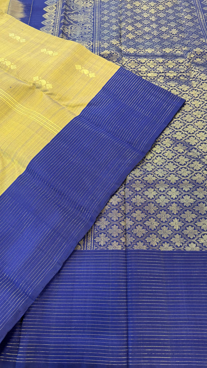OLIVE GREEN WITH CONTRAST NAVY BLUEY GOLD ZARI HANDLOOM KANICHIPURAM SILK SAREE (KSS141)