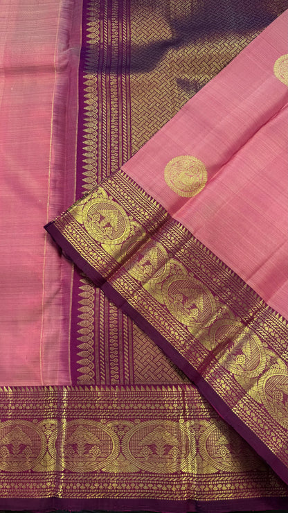 LIGHT PASTEL PINK WITH CONTRAST VADAMALLI PURPLE KANCHIPURAM HANDLOOM SILK SAREE (KSS372)