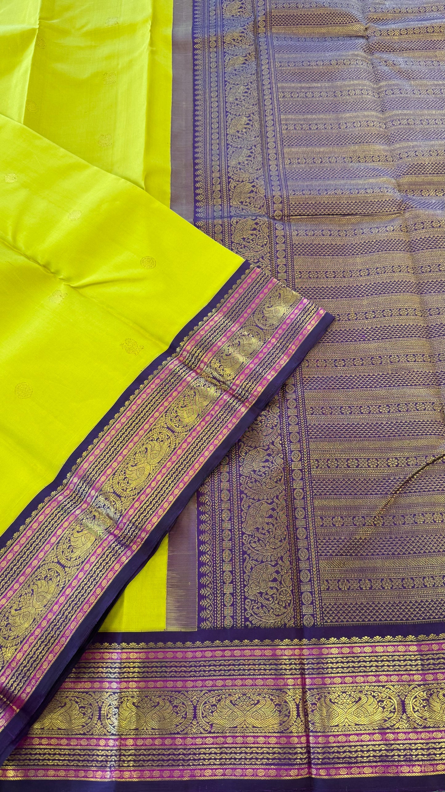 LIME YELLOW WITH CONTRAST PURPLE GOLD ZARI HANDLOOM KANICHIPURAM SILK SAREE (KSS171)