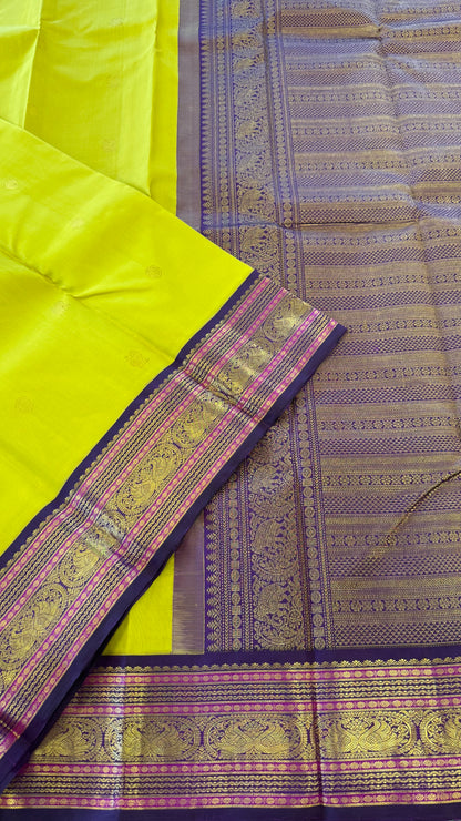 LIME YELLOW WITH CONTRAST PURPLE GOLD ZARI HANDLOOM KANICHIPURAM SILK SAREE (KSS171)