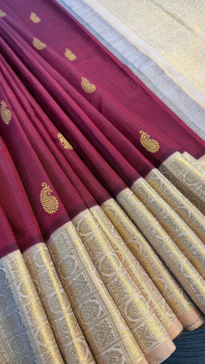 MAROON WITH CONTRAST BEIGE GOLD ZARI HANDLOOM KANICHIPURAM SILK SAREE (KSS264)