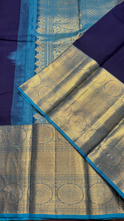 NAVY BLUE WITH CONTRAST SKY BLUE GOLD ZARI HANDLOOM KANCHIPURAM SILK SAREE (KSS412)