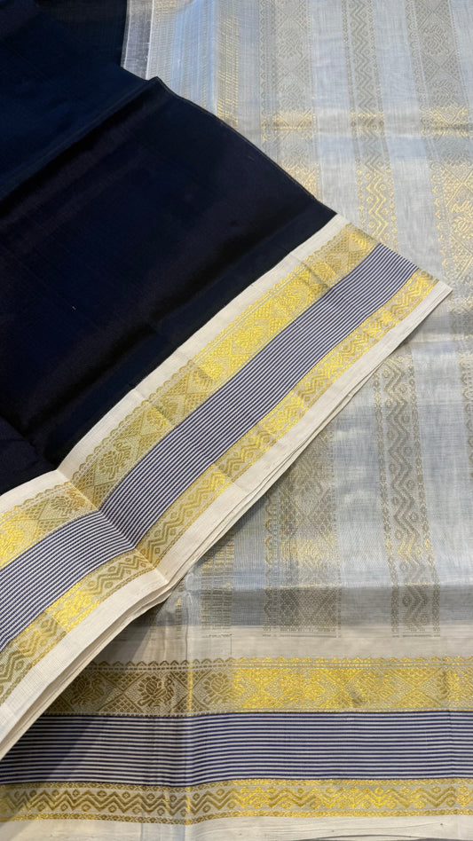 NAVY BLUE WITH CONTRAST WHITE KANCHIPURAM SILK COTTON SAREE (KSC30)