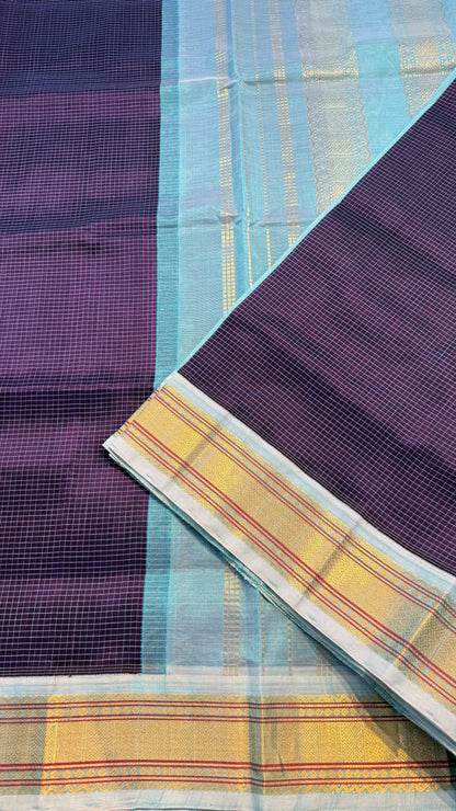 CHECKED PURPLE WITH PASTEL MINT HANDLOOM KANCHIPURAM SILK COTTON (KSC76)