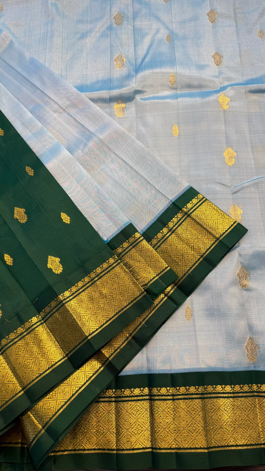 LIGHT BLUE WITH DARK BRIGHT GREEN PURE HANDLOOM KANCHIPURAM SINGLE SIDE BORDER SILK SAREE (KSSB05)