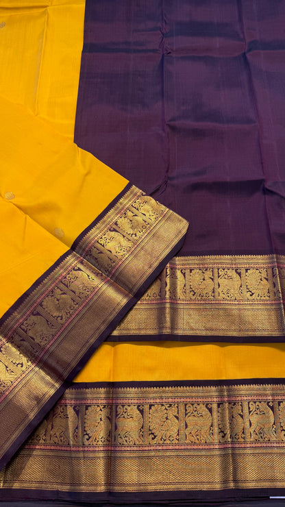 YELLOW WITH CONTRAST PLUM PURPLE GOLD ZARI HANDLOOM KANCHIPURAM SILK SAREE (KSS455)