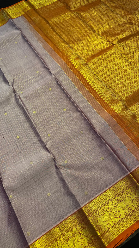 ONION PINK CHECKED WITH ORANGE GOLD ZARI HANDLOOM KANCHIPURAM SILK SAREE (KSS418)