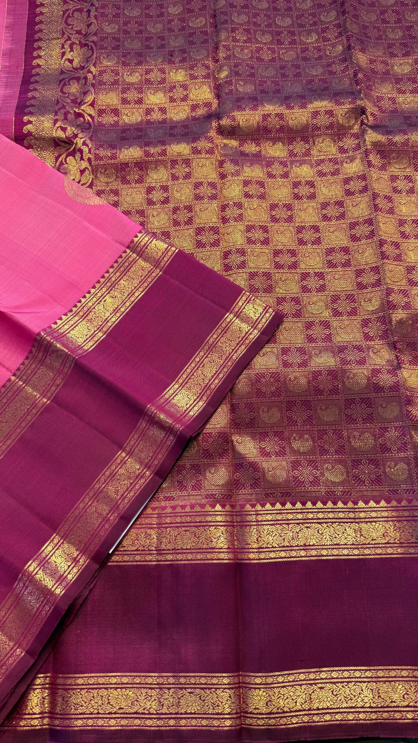 STRAWBERRY PINK WITH CONTRAST BURGUNDY KANCHIPURAM HANDLOOM SILK SAREE (KSS350)
