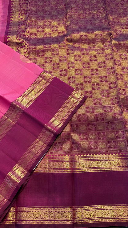 STRAWBERRY PINK WITH CONTRAST BURGUNDY KANCHIPURAM HANDLOOM SILK SAREE (KSS350)
