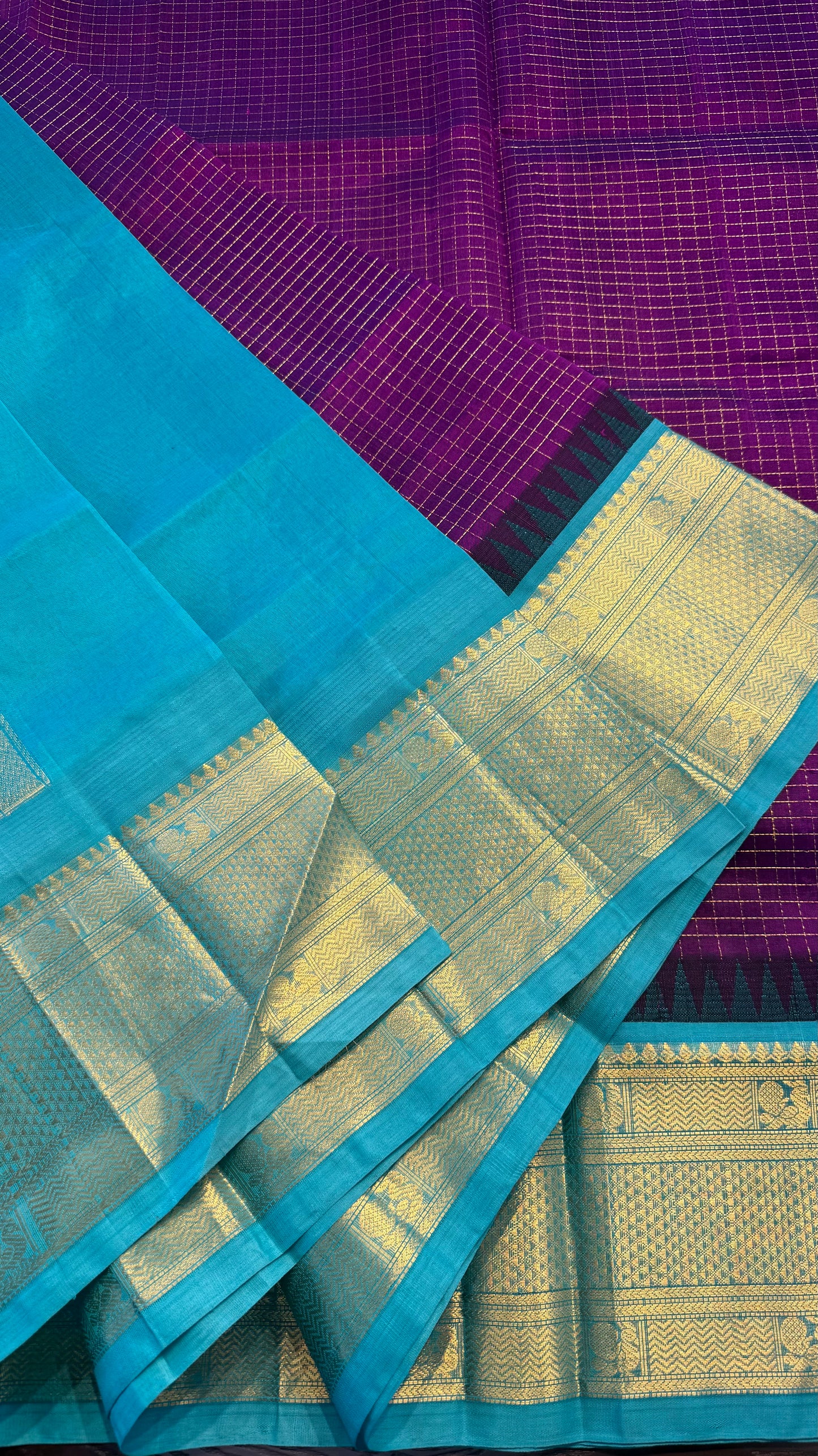 CHECKED PALATINATE PURPLE WITH CONTRAST TURQUOISE KANCHIPURAM SILK COTTON (KSC144)