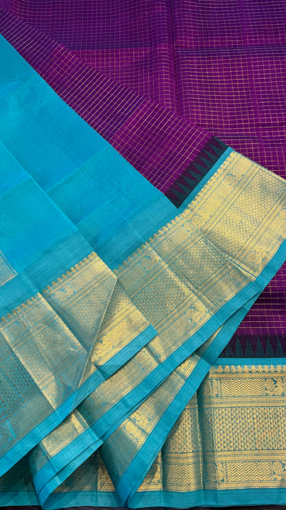 CHECKED PALATINATE PURPLE WITH CONTRAST TURQUOISE KANCHIPURAM SILK COTTON (KSC144)