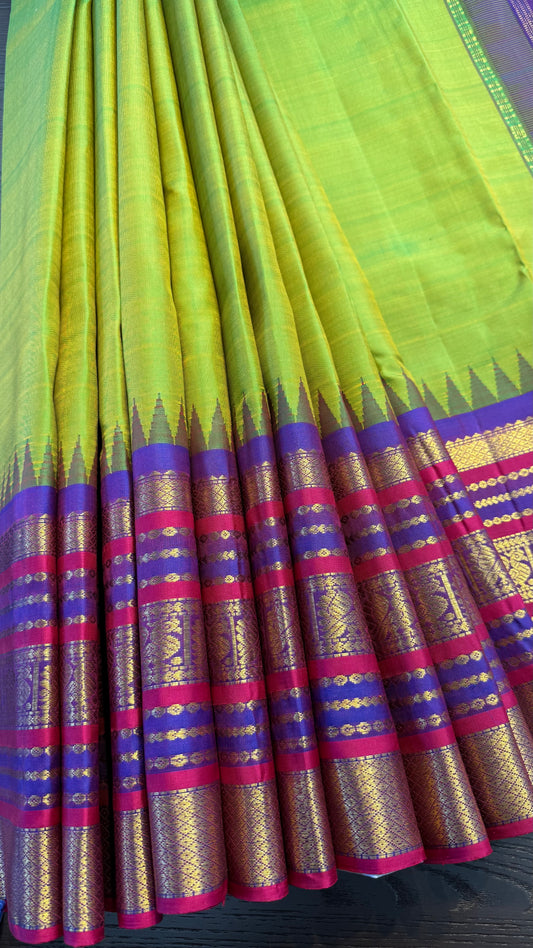 LIME GREEN WITH CONTRAST VADAMALLI PURPLE GOLD ZARI HANDLOOM KANCHIPURAM SILK SAREE (KSS300)