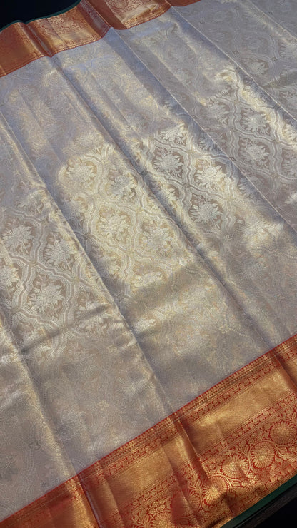 CORAL PEACH WITH CONTRAST RED SEMI SILK KANCHIPURAM SILK SAREE (SSKS60)