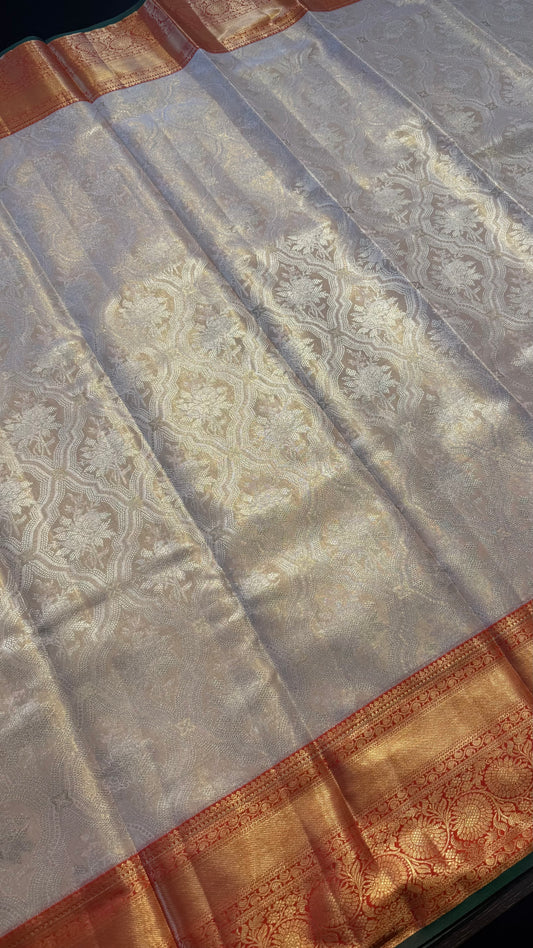 CORAL PEACH WITH CONTRAST RED SEMI SILK KANCHIPURAM SILK SAREE (SSKS60)