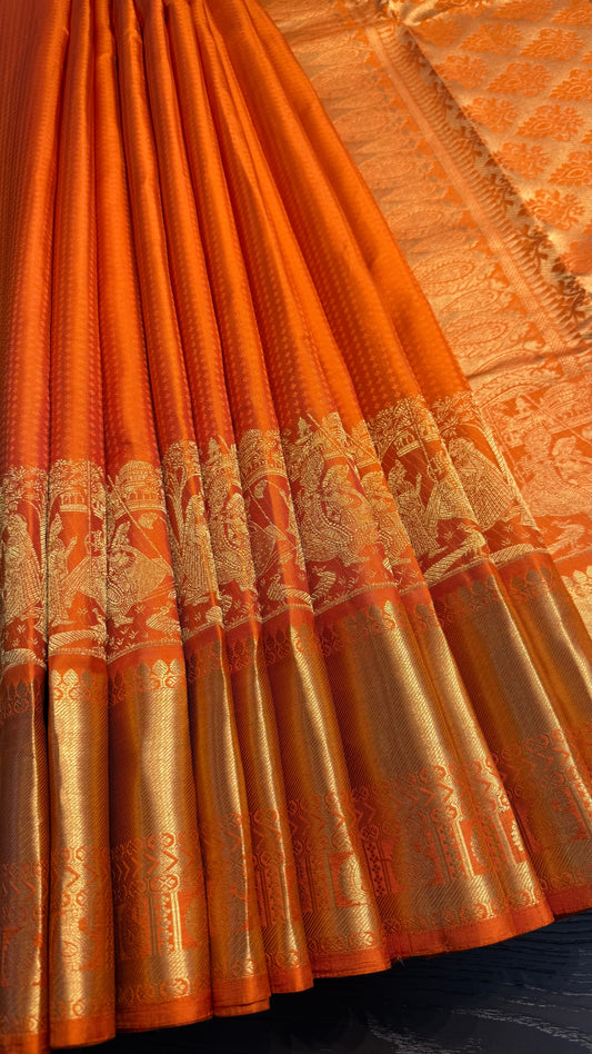 ORANGE GOLD ZARI HANDLOOM KANCHIPURAM SILK SAREE (KSS452)