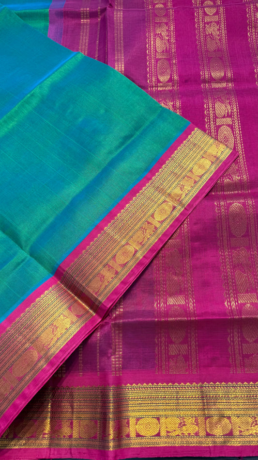 PEACOCK GREEN WITH CONTRAST HOT PINK KANCHIPURAM SILK COTTON (KSC17)