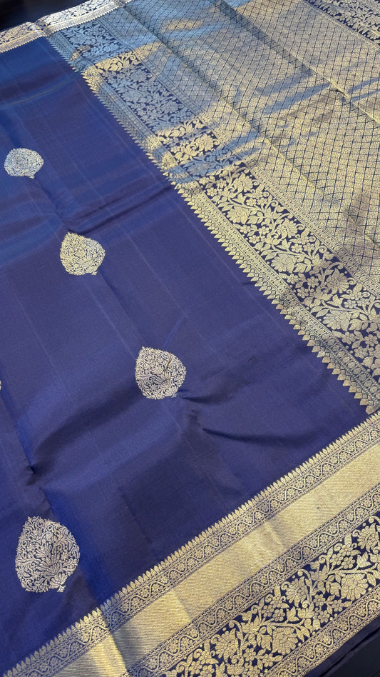 NAVY BLUE GOLD ZARI HANDLOOM KANCHIPURAM SILK SAREE (KSS347)