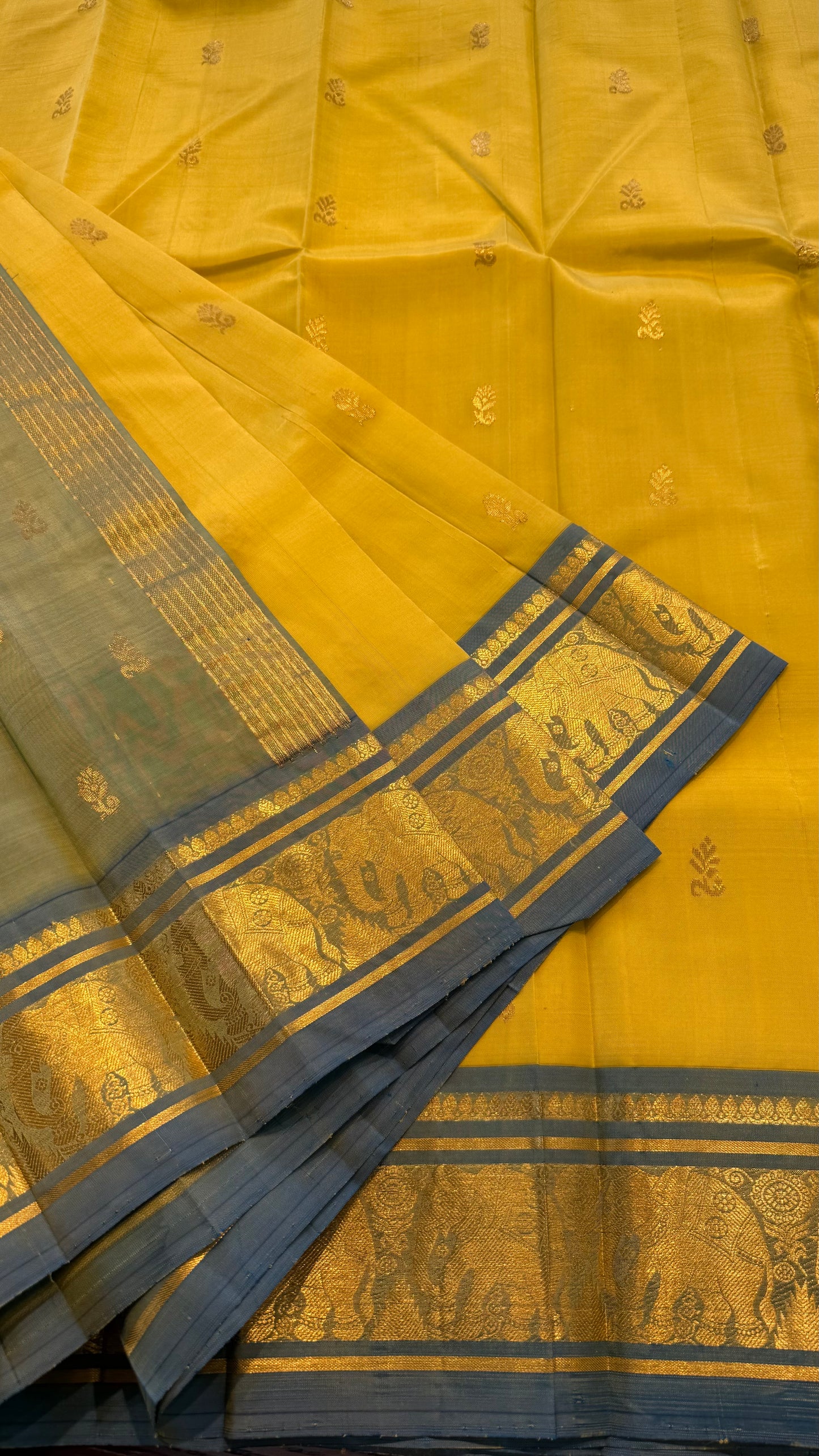 LEMON YELLOW PASTEL TEAL BLUE WITH ELEPHANT BORDER PURE HANDLOOM KANCHIPURAM SINGLE SIDE BORDER SILK SAREE (KSS40)