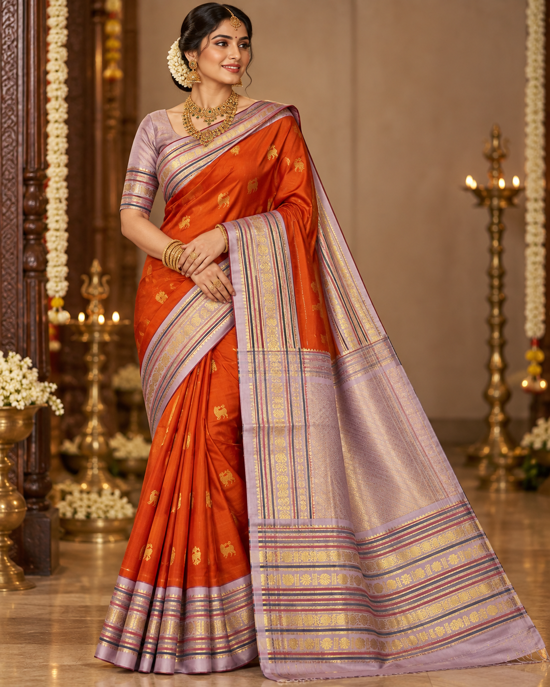 TRADITIONAL GANDABHERUNDA-YAZHI BRIGHT FANTA ORANGE & LAVENDER GOLD ZARI PURE KANCHIPURAM HANDLOOM SILK SAREE KSC 03