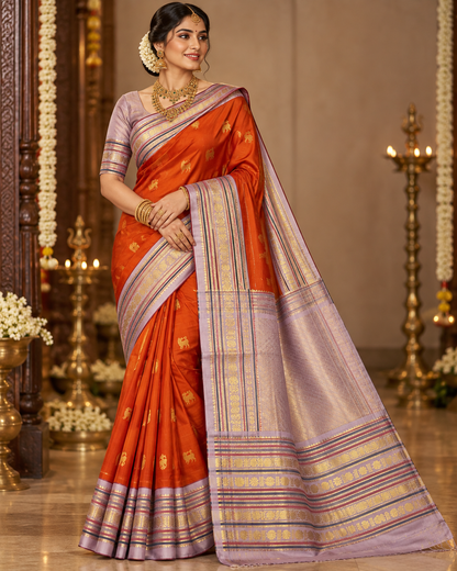 TRADITIONAL GANDABHERUNDA-YAZHI BRIGHT FANTA ORANGE & LAVENDER GOLD ZARI PURE KANCHIPURAM HANDLOOM SILK SAREE KSC 03