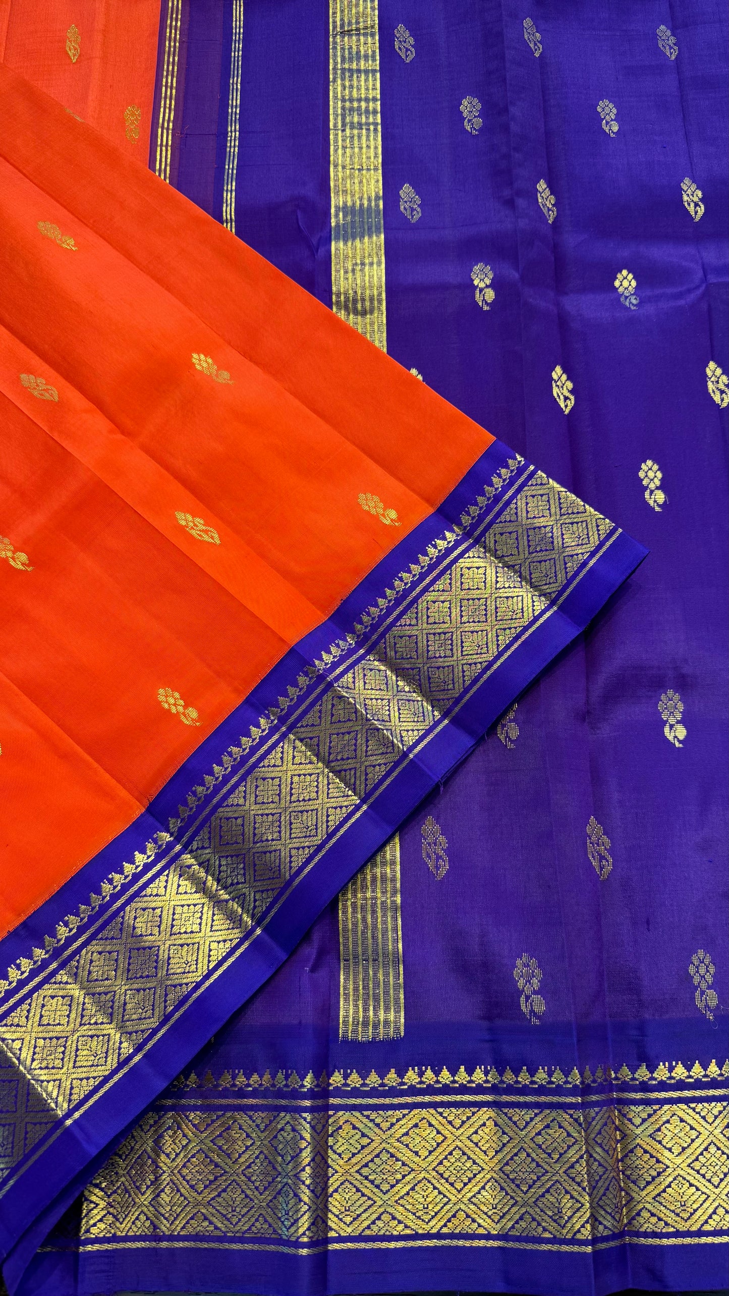 ORANGE WITH CONTRAST PURPLE PURE HANDLOOM KANCHIPURAM SINGLE SIDE BORDER SILK SAREE (KSSB17)