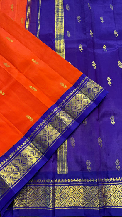 ORANGE WITH CONTRAST PURPLE PURE HANDLOOM KANCHIPURAM SINGLE SIDE BORDER SILK SAREE (KSSB17)