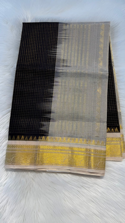 DARK PURPLE WITH CREAM HANDLOOM KANCHIPURAM SILK COTTON (KSC75)