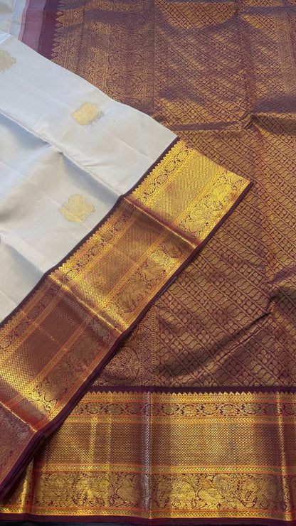 GOLD CONTRAST MAROON BORDER GOLD ZARI HANDLOOM KANICHIPURAM SILK SAREE (KSS135)